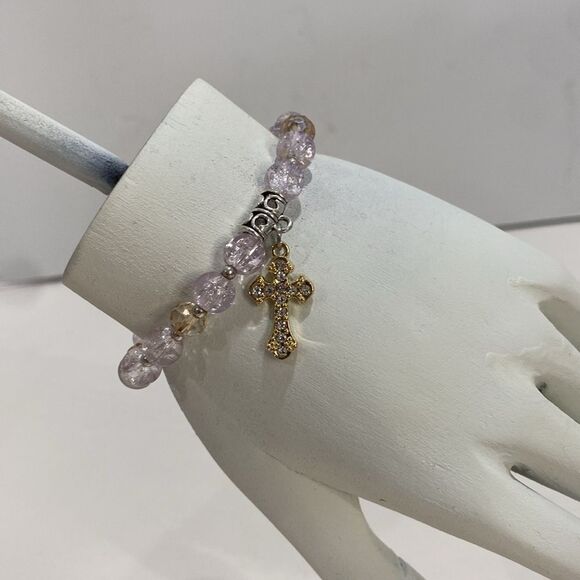 Elegant Beaded Bracelet with Cross Charm Gold Tone Clear Tan Beads - Picture 8 of 8